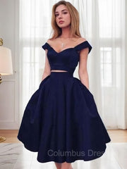 Prom Dress Floral, A-Line/Princess Off-the-Shoulder Tea-Length Satin Homecoming Dresses