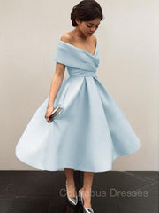 Prom Dresses Outfits Fall Casual, A-Line/Princess Off-the-Shoulder Tea-Length Satin Homecoming Dresses With Ruffles
