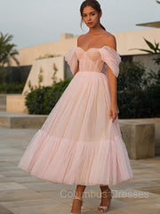 Elegant Prom Dress, A-Line/Princess Off-the-Shoulder Tea-Length Tulle Homecoming Dresses With Ruffles