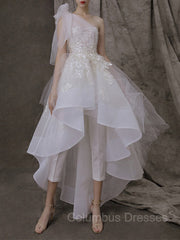 Wedding Dress Flowers, A-Line/Princess One-Shoulder Asymmetrical Tulle Wedding Dresses With Appliques Lace