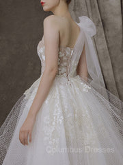 Wedding Dresses Flower, A-Line/Princess One-Shoulder Asymmetrical Tulle Wedding Dresses With Appliques Lace