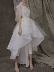 Wedding Dresses Flowers, A-Line/Princess One-Shoulder Asymmetrical Tulle Wedding Dresses With Appliques Lace