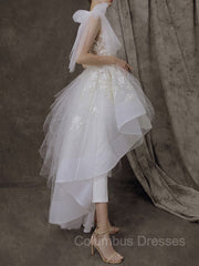 Wedding Dress Ideas, A-Line/Princess One-Shoulder Asymmetrical Tulle Wedding Dresses With Appliques Lace