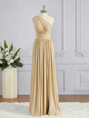 Satin Dress, A-Line/Princess One-Shoulder Floor-Length Jersey Bridesmaid Dresses with Leg Slit