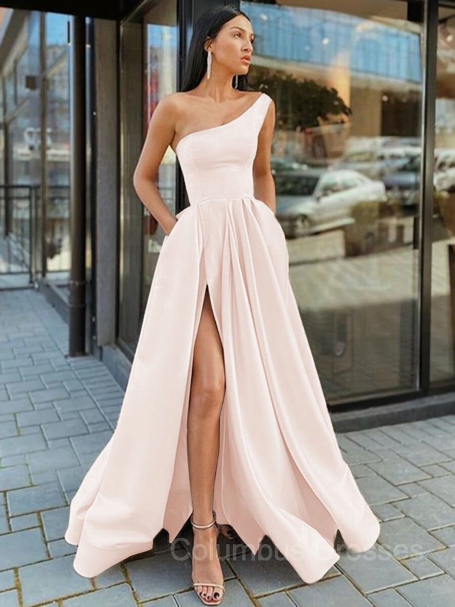 Prom Dress Near Me, A-Line/Princess One-Shoulder Floor-Length Satin Prom Dresses With Leg Slit