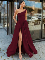 Prom Dress Boutiques Near Me, A-Line/Princess One-Shoulder Floor-Length Satin Prom Dresses With Leg Slit