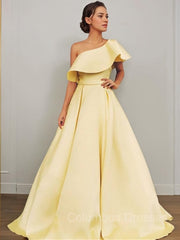 Prom Dresses 2039, A-Line/Princess One-Shoulder Floor-Length Satin Prom Dresses With Ruffles