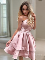 Fall Wedding Ideas, A-Line/Princess One-Shoulder Short/Mini Charmeuse Homecoming Dresses With Ruffles