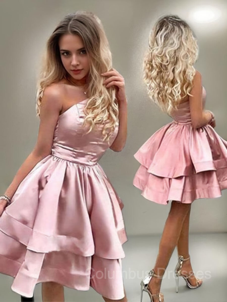 Wedding Inspiration, A-Line/Princess One-Shoulder Short/Mini Charmeuse Homecoming Dresses With Ruffles