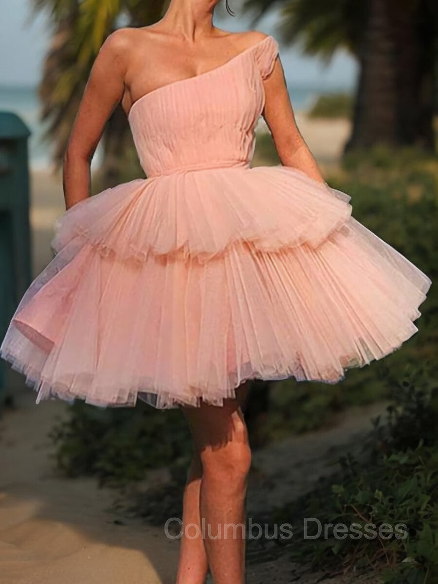 Bridesmaid Dresses Mismatched Winter, A-Line/Princess One-Shoulder Short/Mini Tulle Homecoming Dresses With Cascading Ruffles