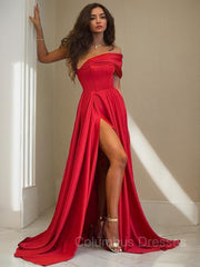 Party Dress Indian, A-Line/Princess One-Shoulder Sweep Train Charmeuse Prom Dresses With Leg Slit