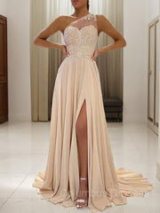 Party Dresses 2042, A-Line/Princess One-Shoulder Sweep Train Chiffon Prom Dresses With Leg Slit