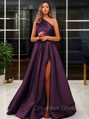Prom Dresses With Short, A-Line/Princess One-Shoulder Sweep Train Satin Prom Dresses With Leg Slit
