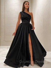 Prom Dresses With Shorts, A-Line/Princess One-Shoulder Sweep Train Satin Prom Dresses With Leg Slit
