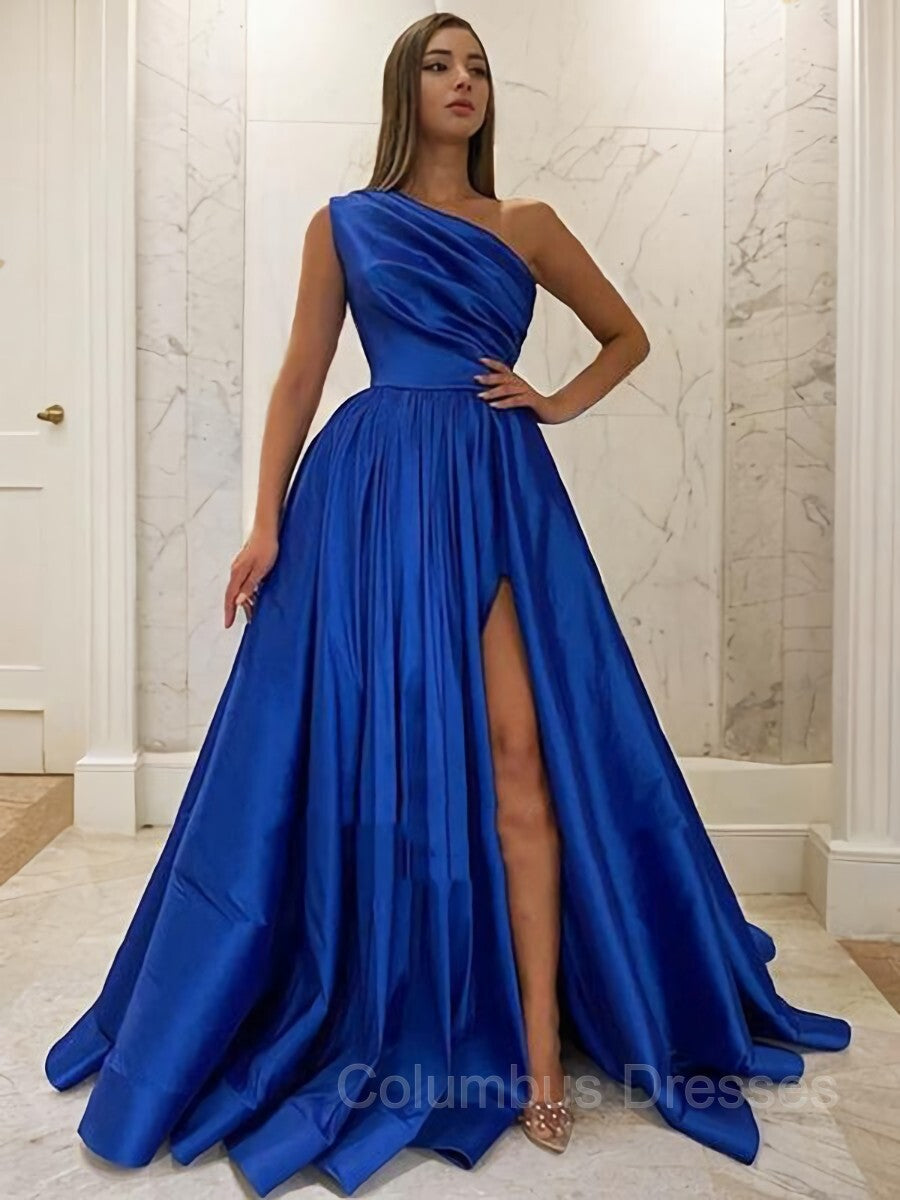 Prom Dresses For Adults, A-Line/Princess One-Shoulder Sweep Train Satin Prom Dresses With Leg Slit