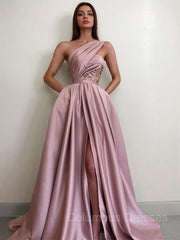 Long Sleeve Prom Dress, A-Line/Princess One-Shoulder Sweep Train Satin Prom Dresses With Pockets