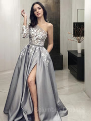 Prom Dress Colorful, A-Line/Princess One-Shoulder Sweep Train Satin Prom Dresses With Pockets
