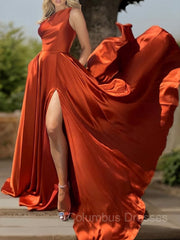 Prom Dresses Gowns, A-Line/Princess One-Shoulder Sweep Train Silk like Satin Prom Dresses With Leg Slit