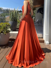 Prom Dress Gowns, A-Line/Princess One-Shoulder Sweep Train Silk like Satin Prom Dresses With Leg Slit