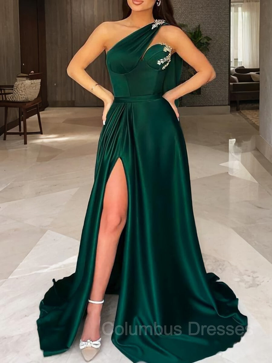 Bridesmaid Dresses Gowns, A-Line/Princess One-Shoulder Sweep Train Silk like Satin Prom Dresses With Leg Slit