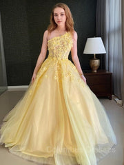 Classy Outfit, A-Line/Princess One-Shoulder Sweep Train Tulle Prom Dresses With Appliques Lace