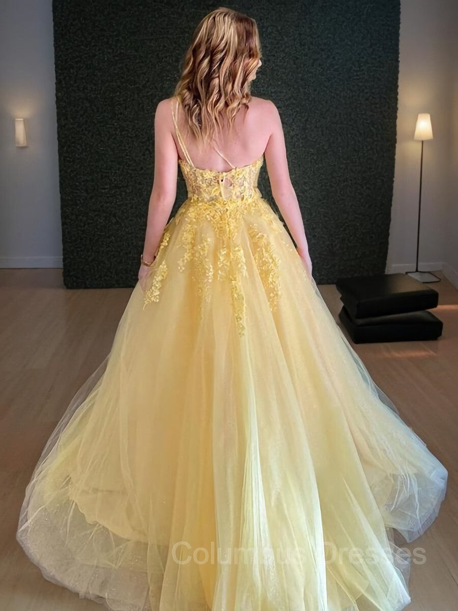 Club Outfit, A-Line/Princess One-Shoulder Sweep Train Tulle Prom Dresses With Appliques Lace