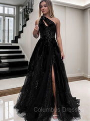 Party Dress Express Photos, A-Line/Princess One-Shoulder Sweep Train Tulle Prom Dresses With Leg Slit
