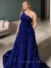 Party Dress Sleeve, A-Line/Princess One-Shoulder Sweep Train Velvet Sequins Prom Dresses With Pockets