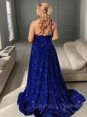 Party Dress With Sleeves, A-Line/Princess One-Shoulder Sweep Train Velvet Sequins Prom Dresses With Pockets