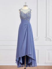 Bridesmaids Dress Fall, A-Line/Princess Scoop Asymmetrical Chiffon Mother of the Bride Dresses With Appliques Lace