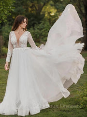 Wedding Dress Styles 2029, A-Line/Princess Scoop Cathedral Train Tulle Wedding Dresses With Appliques Lace