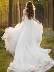 Wedding Dress Modern, A-Line/Princess Scoop Cathedral Train Tulle Wedding Dresses With Appliques Lace