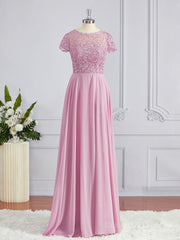 Elegant Dress, A-Line/Princess Scoop Floor-Length Chiffon Bridesmaid Dresses with Appliques Lace