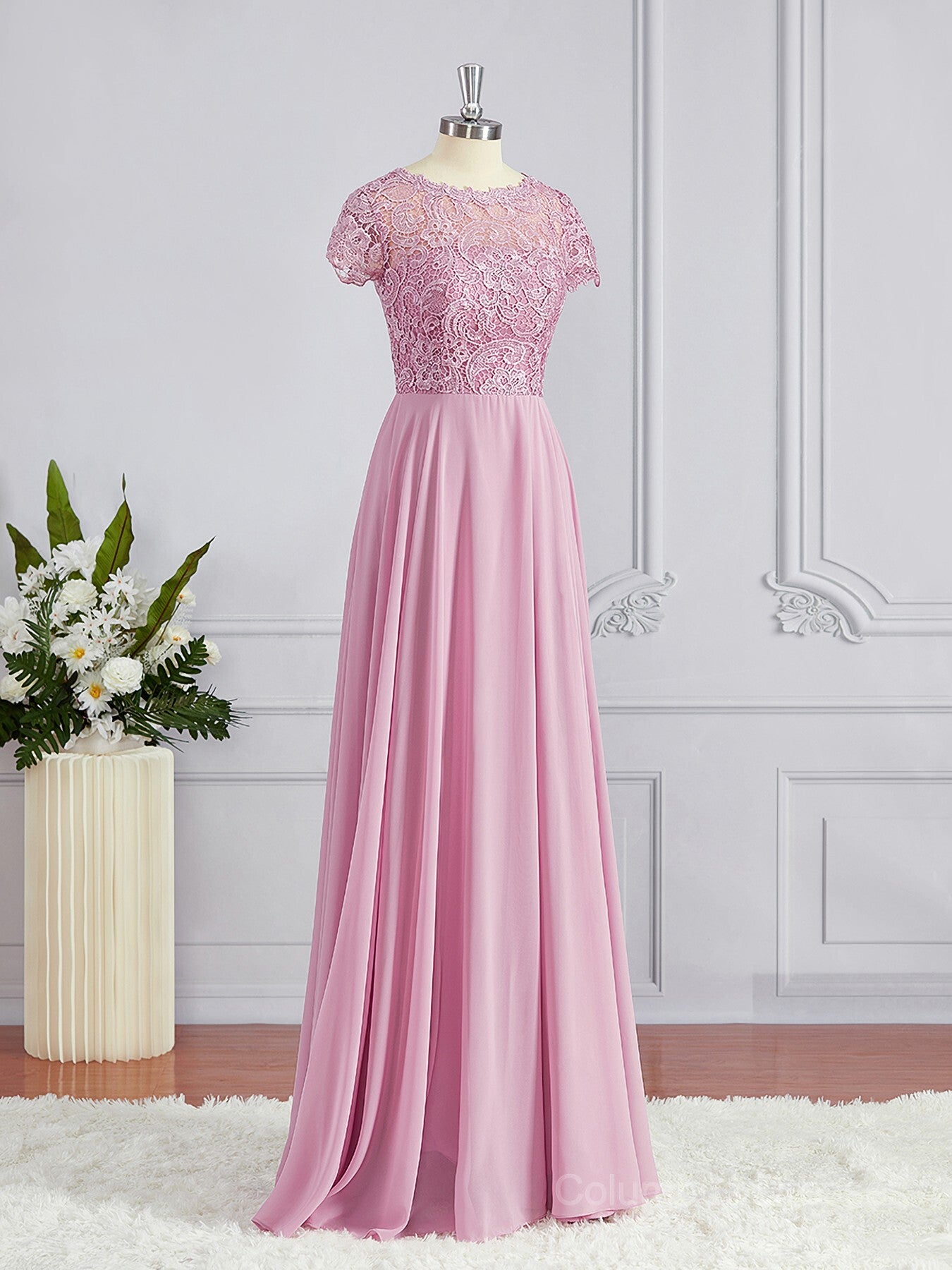 Quinceanera Dress, A-Line/Princess Scoop Floor-Length Chiffon Bridesmaid Dresses with Appliques Lace
