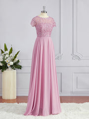 Quinceanera Dress, A-Line/Princess Scoop Floor-Length Chiffon Bridesmaid Dresses with Appliques Lace