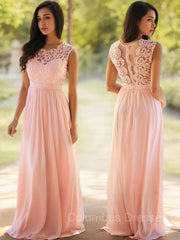 Prom Dress Princess Style, A-Line/Princess Scoop Floor-Length Chiffon Prom Dresses With Appliques Lace
