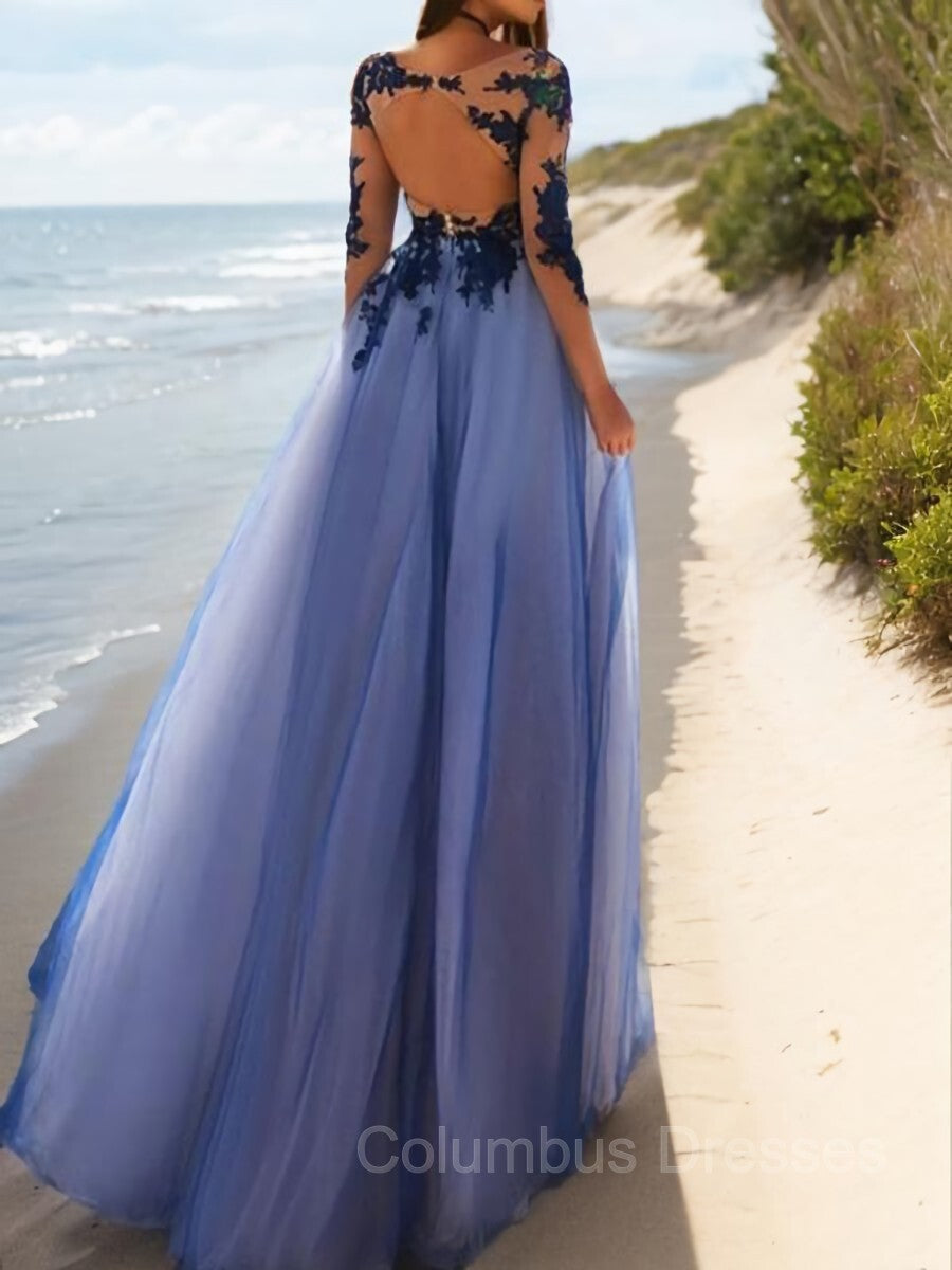 Party Dress Fancy, A-Line/Princess Scoop Floor-Length Tulle Evening Dresses With Appliques Lace