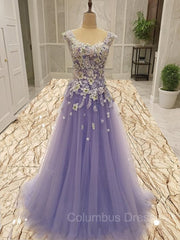 Summer Dress, A-Line/Princess Scoop Floor-Length Tulle Evening Dresses With Appliques Lace
