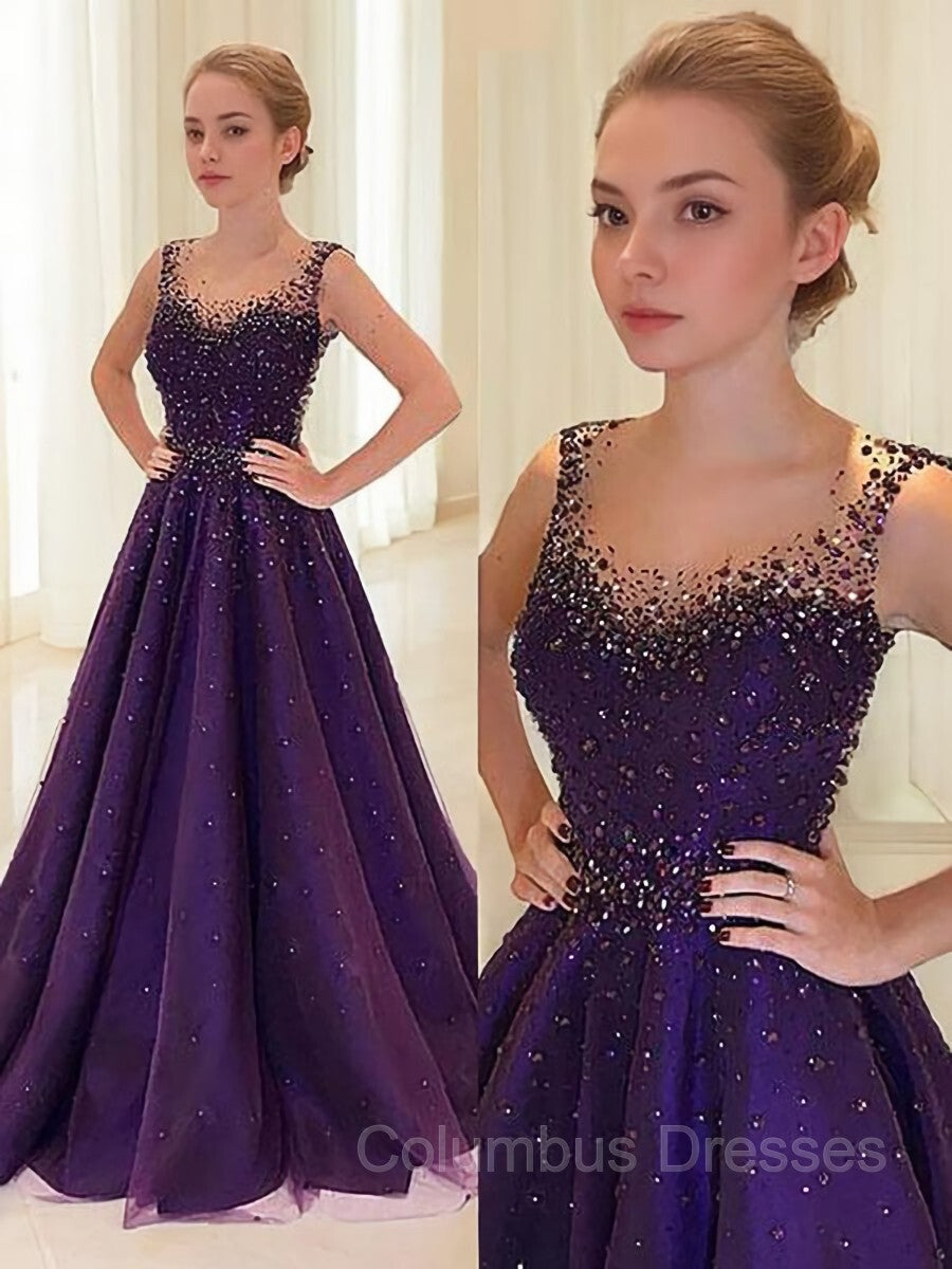 Prom Dress Ideas 2041, A-Line/Princess Scoop Floor-Length Tulle Prom Dresses With Beading