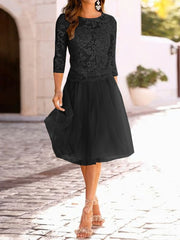 Long Sleeve Prom Dress, A-Line/Princess Scoop Knee-Length Tulle Mother of the Bride Dresses With Lace Applique
