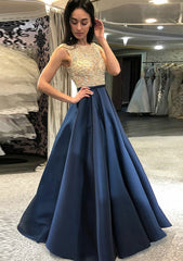 Homecoming Dressed Short, A-line/Princess Scoop Neck Sleeveless Long/Floor-Length Satin Prom Dress With Beading