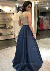 Homecoming Dress Shopping Near Me, A-line/Princess Scoop Neck Sleeveless Long/Floor-Length Satin Prom Dress With Beading