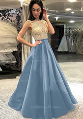 Homecoming Dresses Blue, A-line/Princess Scoop Neck Sleeveless Long/Floor-Length Satin Prom Dress With Beading