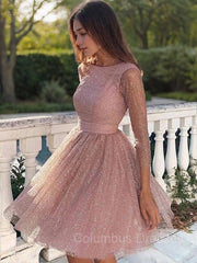 Formal Dress For Wedding Guests, A-Line/Princess Scoop Short/Mini Sequins Homecoming Dresses