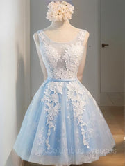 Prom Dress Long Ball Gown, A-Line/Princess Scoop Short/Mini Tulle Homecoming Dresses With Appliques Lace