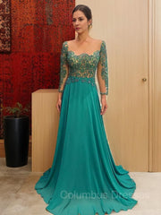 Prom Dress For Teen, A-Line/Princess Scoop Sweep Train Chiffon Mother of the Bride Dresses With Appliques Lace