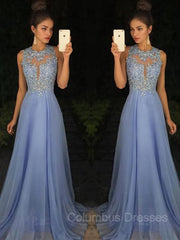Prom Dress Ideas Black Girl, A-Line/Princess Scoop Sweep Train Chiffon Prom Dresses With Appliques Lace