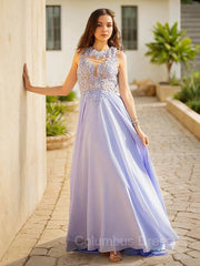 Prom Dress Two Piece, A-Line/Princess Scoop Sweep Train Chiffon Prom Dresses With Appliques Lace