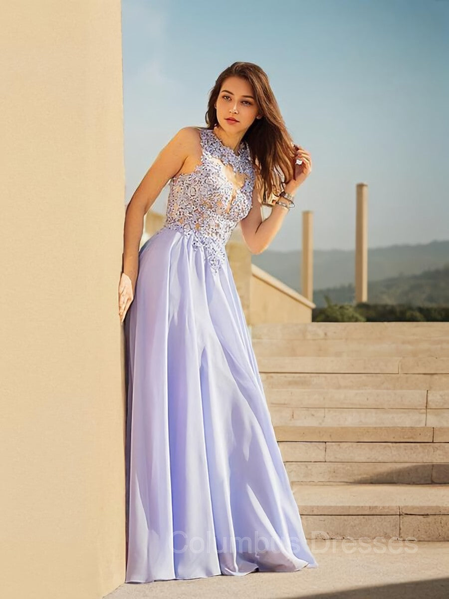 Prom Dresse Two Piece, A-Line/Princess Scoop Sweep Train Chiffon Prom Dresses With Appliques Lace