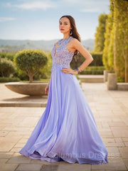 Prom Dresses Two Pieces, A-Line/Princess Scoop Sweep Train Chiffon Prom Dresses With Appliques Lace